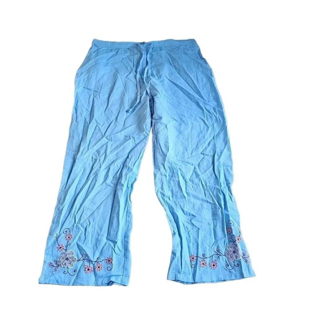 SAG HARBOR womens Sz 16 blue linen blend floral embroidered pants